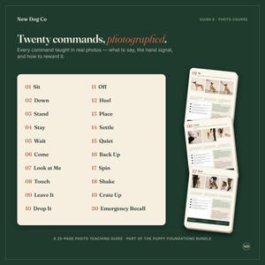 May include: A 25-page photo teaching guide titled New Dog Co Twenty commands, photographed. The guide features a list of 20 dog training commands from Sit to Emergency Recall, alongside three sample pages showing photographic instructions for specific tasks.