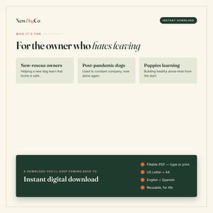 May include: A digital document titled NewDogCo, For the owner who hates leaving. It lists target audiences: New-rescue owners, Post-pandemic dogs, and Puppies learning. The bottom section details an Instant digital download, Fillable PDF, US Letter + A4, English + Spanish, and Reusable, for life.