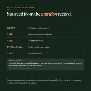 Puede incluir: Un gr&aacute;fico informativo verde oscuro titulado Sourced from the nutrition record. Enumera organizaciones como WSAVA, AAHA, APOP, JAVMA, Purina y ASPCA junto a sus directrices. Un recuadro destaca que el 59% de los perros en EE. UU. tienen sobrepeso.