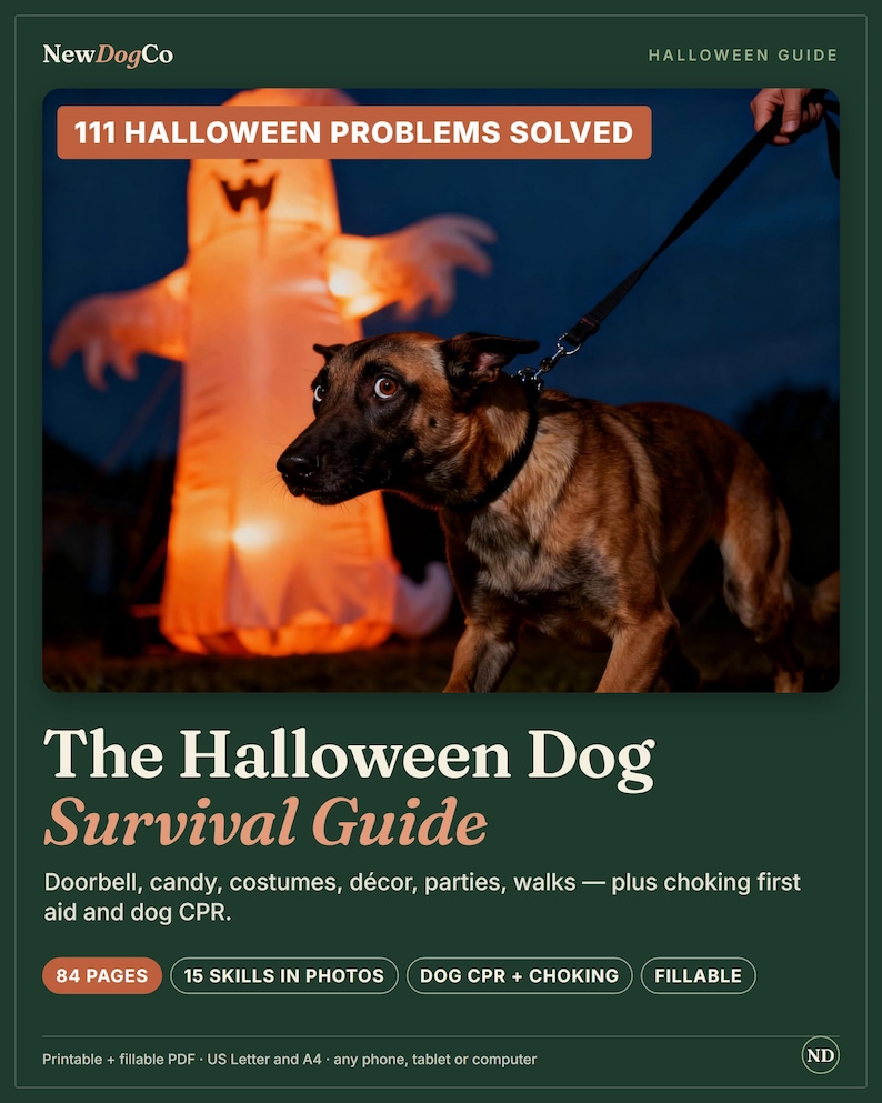 May include: A digital guide titled The Halloween Dog Survival Guide by NewDogCo. The cover features a brown dog on a leash with a glowing orange ghost decoration in the background. Text includes 111 Halloween Problems Solved and 84 pages.