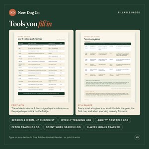 May include: A digital document titled New Dog Co Fillable Pages featuring two reference charts: Cue & signal quick reference and Sports at a glance. Below are six buttons: Session & Warm-up Checklist, Weekly Training Log, Agility Obstacle Log, Fetch Training Log, Scent Work Search Log, and 8-Week Goals Tracker.