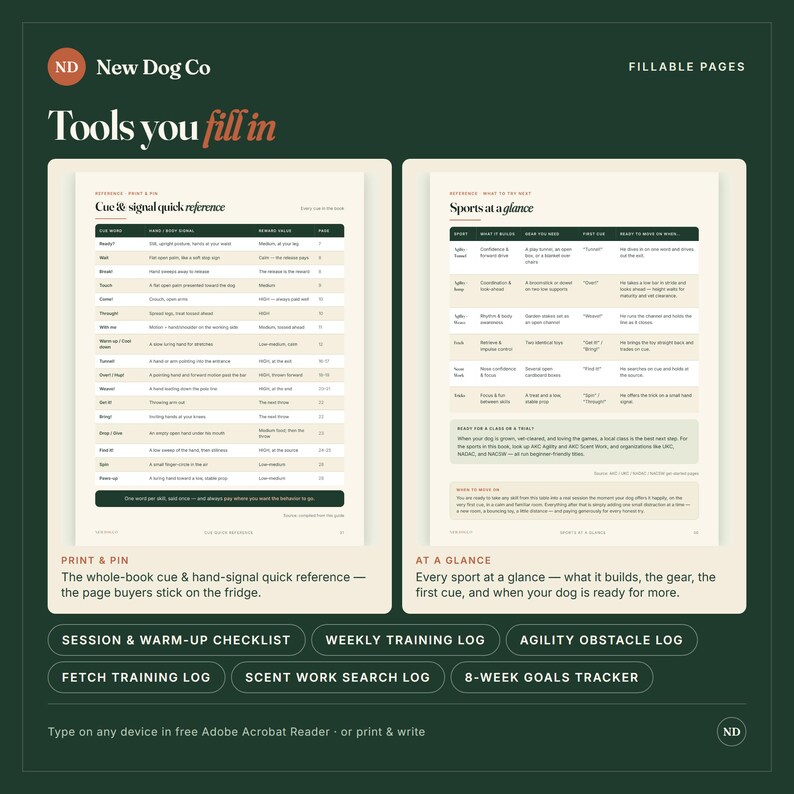 May include: A digital document titled New Dog Co Fillable Pages featuring two reference charts: Cue & signal quick reference and Sports at a glance. Below are six buttons: Session & Warm-up Checklist, Weekly Training Log, Agility Obstacle Log, Fetch Training Log, Scent Work Search Log, and 8-Week Goals Tracker.