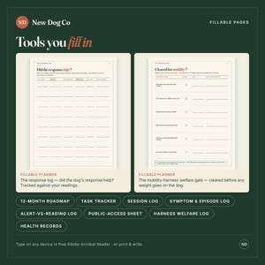 May include: A digital planner set featuring two fillable pages titled Did the response help? and Cleared for mobility? on a dark green background. Includes buttons for 12-month roadmap, task tracker, session log, symptom log, and health records.