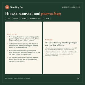 May include: A dark green digital information graphic titled New Dog Co Honest, sourced, and yours to keep. It lists features of a 40-page dog sports guide including agility, fetch, and scent work, with sections for what you get and the close.
