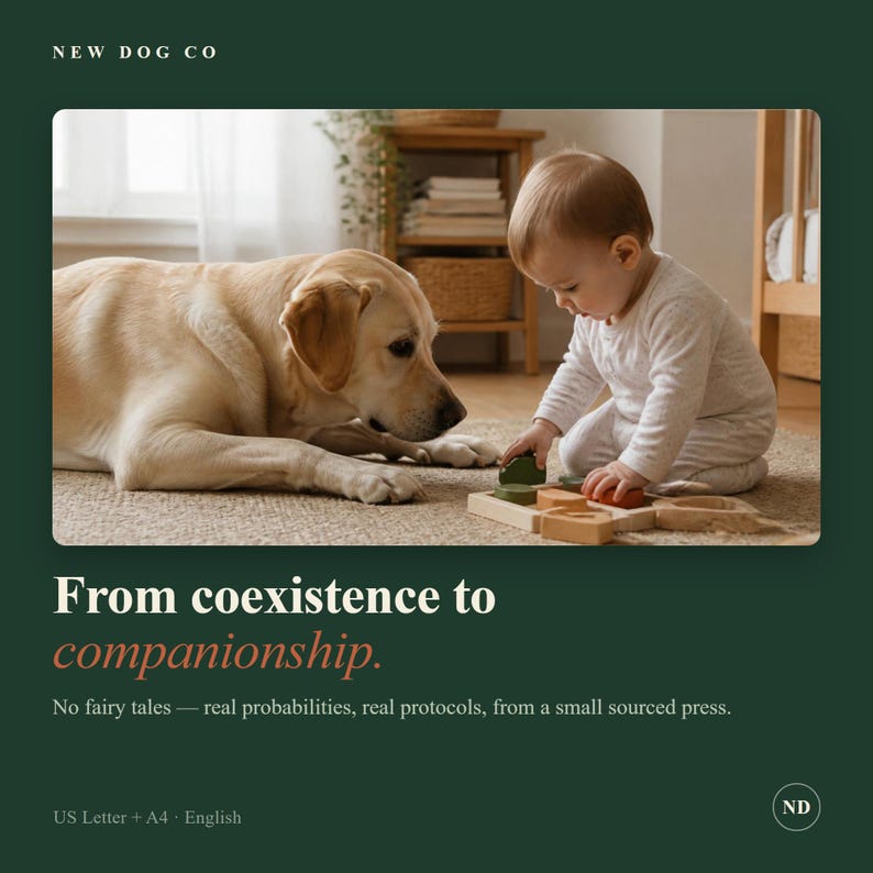 May include: A light-coloured Labrador retriever lies on a textured rug next to a toddler in a white long-sleeved outfit. The toddler plays with a wooden shape-sorting toy. The text reads: NEW DOG CO, From coexistence to companionship.