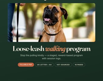 Programa de paseo con correa suelta para perros / Entrenamiento basado en recompensas, Registro de sesiones (PDF rellenable)