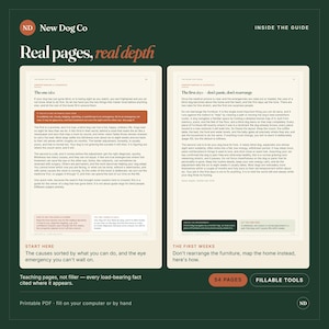 May include: A dark green informational graphic titled New Dog Co Real pages, real depth. It displays two open book pages with text about blind dog care, including sections titled The one idiot and The first days, plus 54 PAGES and FILLABLE TOOLS buttons.