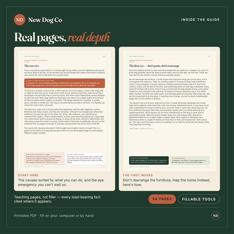 May include: A dark green informational graphic titled New Dog Co Real pages, real depth. It displays two open book pages with text about blind dog care, including sections titled The one idiot and The first days, plus 54 PAGES and FILLABLE TOOLS buttons.