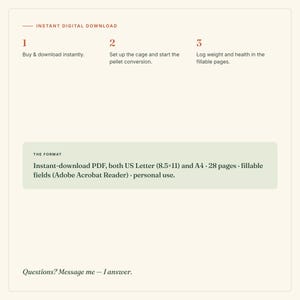 May include: An informational graphic for an instant digital download. It outlines three steps: buy and download, set up the cage for pellet conversion, and log health in fillable pages. It specifies a 28-page PDF in US Letter 8.5x11 inches.