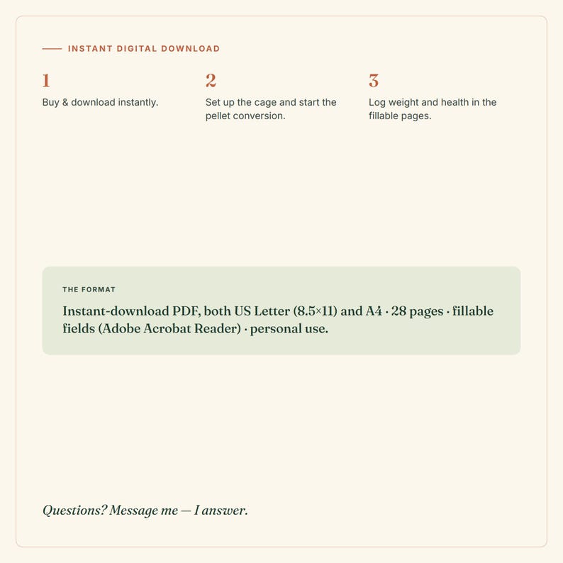 May include: An informational graphic for an instant digital download. It outlines three steps: buy and download, set up the cage for pellet conversion, and log health in fillable pages. It specifies a 28-page PDF in US Letter 8.5x11 inches.