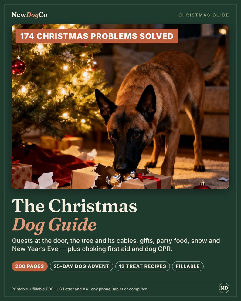 May include: A digital guide titled The Christmas Dog Guide by NewDogCo, featuring a brown and black dog opening a gift near a lit Christmas tree. Text includes 174 Christmas Problems Solved, 200 pages, 25-day dog advent, 12 treat recipes, and fillable.