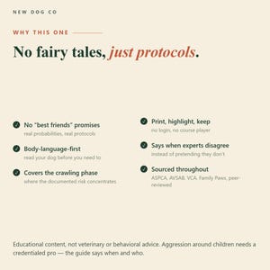 May include: A beige informational graphic titled NEW DOG CO with the heading WHY THIS ONE and the text No fairy tales, just protocols. It lists six bullet points regarding dog training protocols, including body-language-first and sourced content.