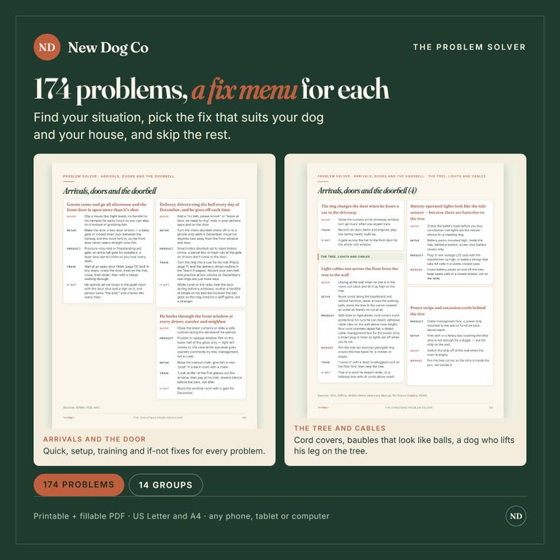 May include: A digital guide titled 174 problems, a fix menu for each by New Dog Co. The document features two pages of text detailing solutions for dog-related household issues, including sections on arrivals, doors, and tree cables.