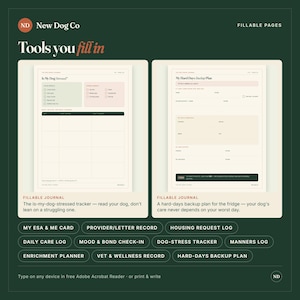Peut inclure: Deux pages de journal num&eacute;riques remplissables sur un fond vert fonc&eacute;. La page de gauche est intitul&eacute;e Is My Dog Stressed avec des cases &agrave; cocher pour le langage corporel. La page de droite est intitul&eacute;e My Hard Days Backup Plan avec des champs.