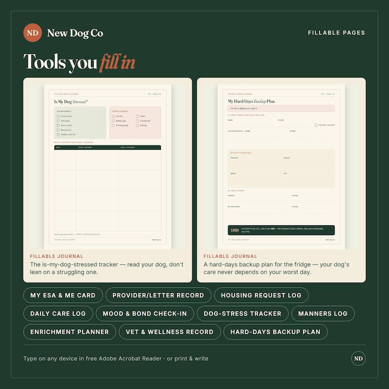 Peut inclure: Deux pages de journal num&eacute;riques remplissables sur un fond vert fonc&eacute;. La page de gauche est intitul&eacute;e Is My Dog Stressed avec des cases &agrave; cocher pour le langage corporel. La page de droite est intitul&eacute;e My Hard Days Backup Plan avec des champs.