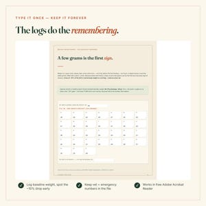 Puede incluir: Un registro digital de control de peso para aves con el texto Type it once - keep it forever, The logs do the remembering y A few grams is the first sign. El documento incluye una tabla de peso mensual en gramos y campos para el peso base.