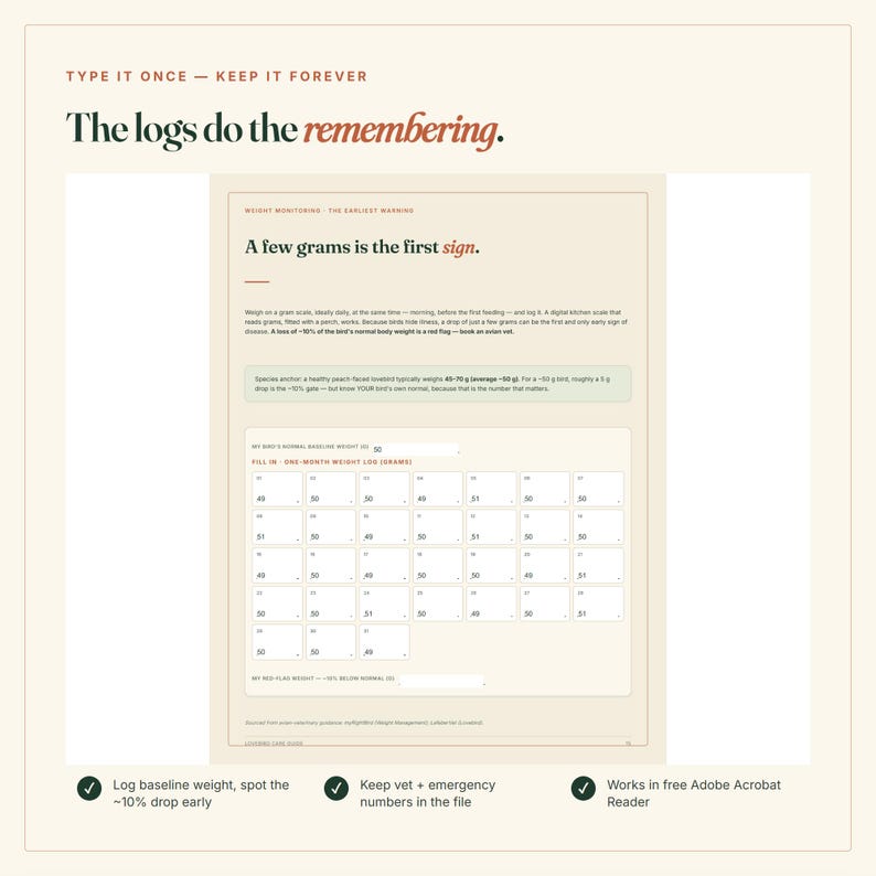 Puede incluir: Un registro digital de control de peso para aves con el texto Type it once - keep it forever, The logs do the remembering y A few grams is the first sign. El documento incluye una tabla de peso mensual en gramos y campos para el peso base.