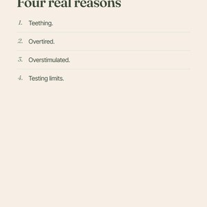 May include: A beige informational graphic from NewDogCo lists four reasons why dogs bite: teething, overtiredness, overstimulation, and testing limits. The text is in a dark green font. The graphic is sourced from AAHA, AVSAB, and ASPCA.