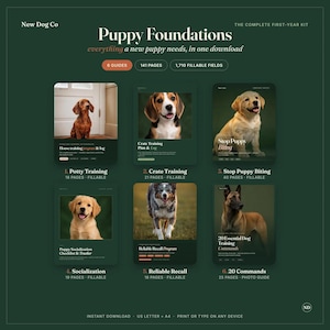 Puede incluir: Un kit digital de entrenamiento para cachorros titulado Puppy Foundations de New Dog Co. Incluye 6 guías, 141 páginas y 1.710 campos rellenables. El kit presenta secciones para entrenamiento de orinal, jaula, mordida, socialización, llamada y 20 comandos.