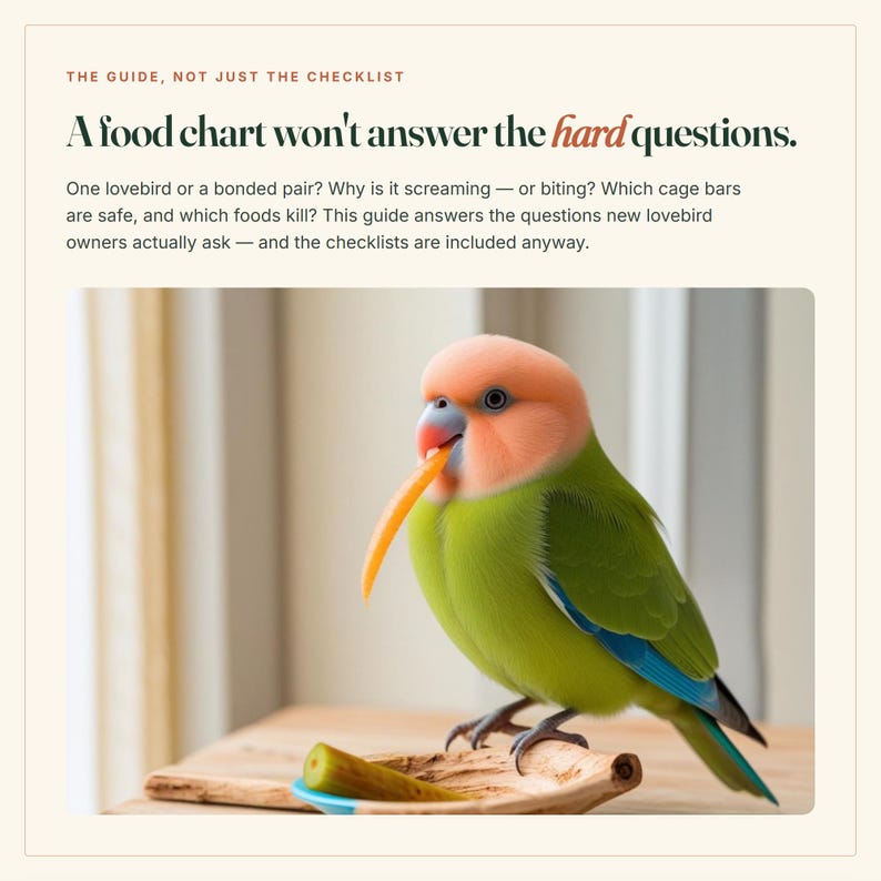 Puede incluir: Un inseparable con cabeza color melocot&oacute;n y cuerpo verde sostiene una rodaja de naranja en el pico. El texto dice: THE GUIDE, NOT JUST THE CHECKLIST. A food chart won't answer the hard questions. One lovebird or a bonded pair? Why is it screaming &mdash; or biting?