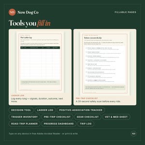 Puede incluir: Un conjunto de p&aacute;ginas de planificador digital que incluye un registro de escalera y una lista de verificaci&oacute;n previa al viaje. Las p&aacute;ginas contienen campos rellenables, casillas de verificaci&oacute;n y texto instructivo. Dise&ntilde;o verde oscuro con papel crema.