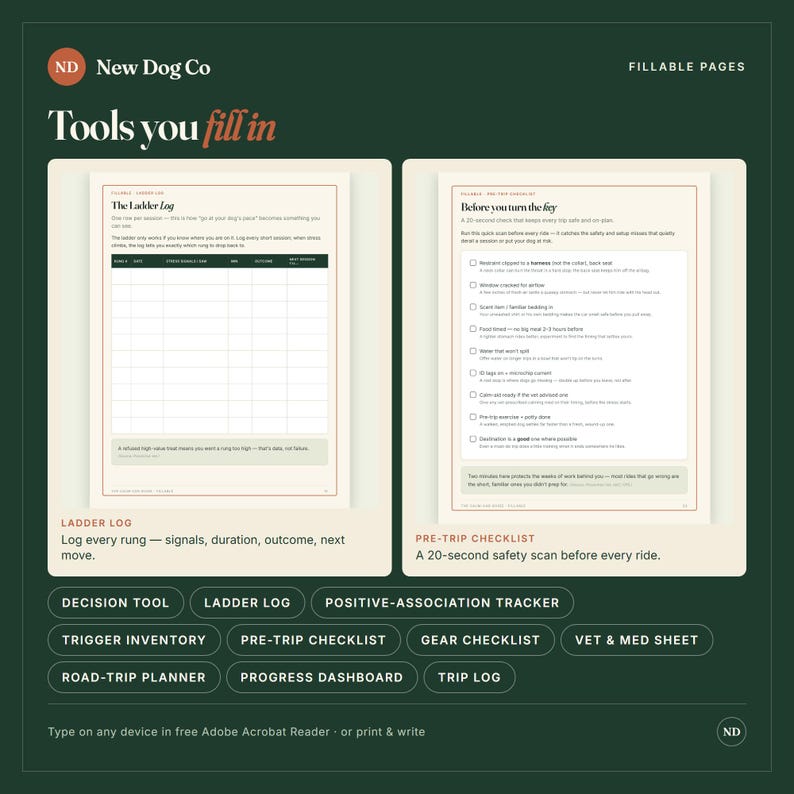Puede incluir: Un conjunto de p&aacute;ginas de planificador digital que incluye un registro de escalera y una lista de verificaci&oacute;n previa al viaje. Las p&aacute;ginas contienen campos rellenables, casillas de verificaci&oacute;n y texto instructivo. Dise&ntilde;o verde oscuro con papel crema.