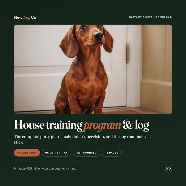 Op de afbeelding: Een digitaal zindelijkheidstraining-programma en logboek voor honden, met een bruine teckel op de omslag. Het document telt 18 pagina's, is invulbaar en beschikbaar in US Letter en A4. De tekst luidt New Dog Co, House training program & log.