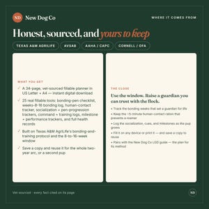 May include: A dark green informational graphic titled New Dog Co Honest, sourced, and yours to keep. It details a 34-page vet-sourced fillable planner for livestock guardian dogs, including 25 tools for tracking bonding, training, and health records.