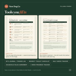 May include: Two digital fillable pages from New Dog Co titled Tools you fill in. The left page is The biting decoder, and the right page is Every cue & signal, on one page. Both pages feature tables with columns for cues, signals, techniques, and page numbers.