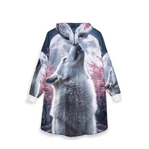 Wolf Cherry Blossom Hoodie Blanket, Oversized Sherpa Cozy Wearable Fleece image 3
