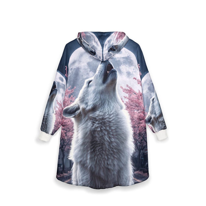 Wolf Cherry Blossom Hoodie Blanket, Oversized Sherpa Cozy Wearable Fleece image 3