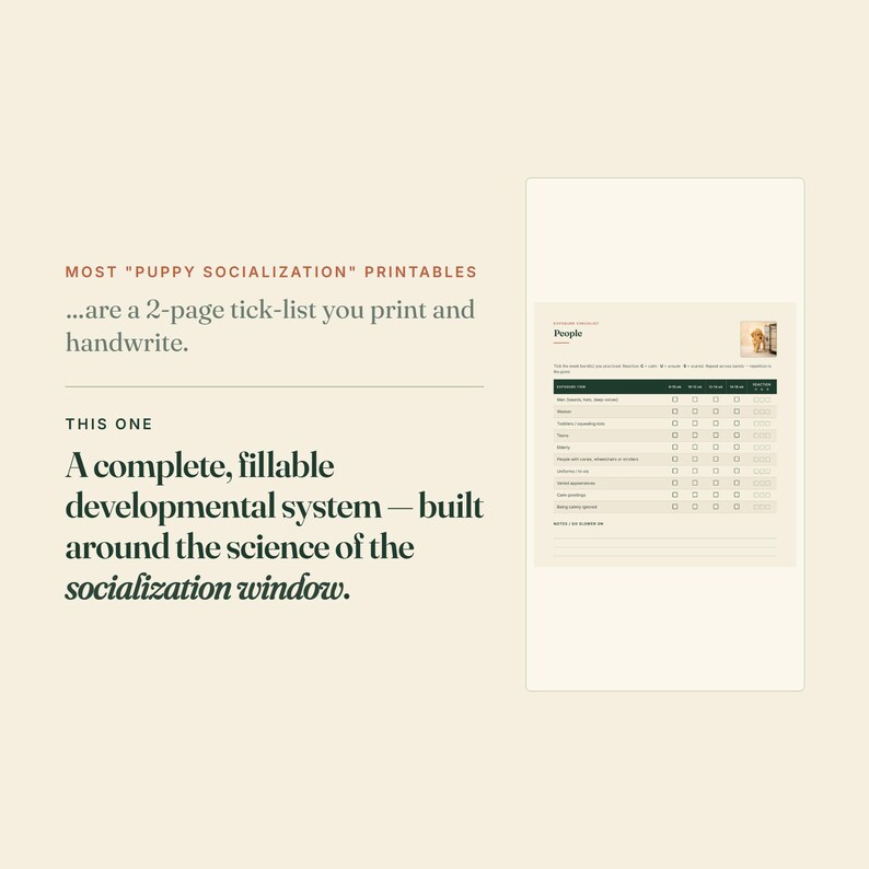 May include: A digital puppy socialisation developmental system document featuring a fillable checklist titled People. The text reads: MOST "PUPPY SOCIALISATION" PRINTABLES are a 2-page tick-list you print and handwrite. THIS ONE A complete, fillable developmental system&mdash;built around the science of the socialisation window.
