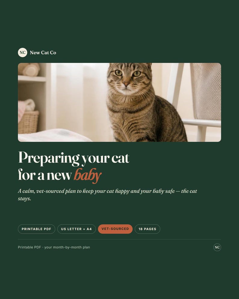 May include: A digital document titled Preparing your cat for a new baby by New Cat Co. The dark green page features a brown tabby cat, text describing a vet-sourced plan, and buttons labeled Printable PDF, US Letter + A4, Vet-Sourced, and 18 Pages.