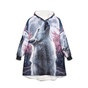 Wolf Cherry Blossom Hoodie Blanket, Oversized Sherpa Cozy Wearable Fleece image 4