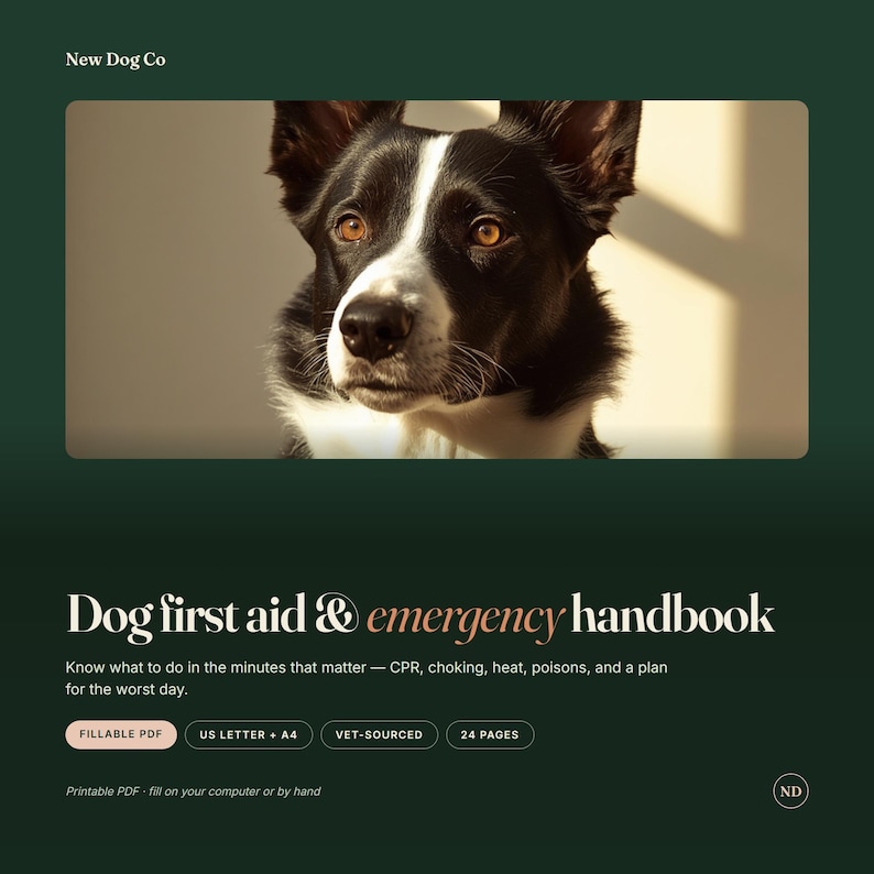 Pu&ograve; includere: Un manuale digitale di primo soccorso ed emergenza per cani di New Dog Co. La copertina mostra un cane bianco e nero e il testo: Dog first aid & emergency handbook. Know what to do in the minutes that matter &mdash; CPR, choking, heat, poisons, and a plan for the worst day. Fillable PDF, US Letter + A4, Vet-sourced, 24 pages.