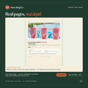 K&ouml;nnte beinhalten: Ein digitaler Rezeptf&uuml;hrer mit dem Titel New Dog Co Real pages, real depth mit einem Rezept f&uuml;r gefrorene Wassermelonen-Popsicles. Die Seite zeigt drei rote Wassermelonen-Eis am Stiel in klaren Gl&auml;sern, Zutaten und Anleitungen. Enth&auml;lt 76 Seiten.