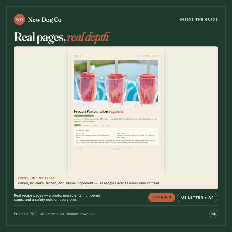 K&ouml;nnte beinhalten: Ein digitaler Rezeptf&uuml;hrer mit dem Titel New Dog Co Real pages, real depth mit einem Rezept f&uuml;r gefrorene Wassermelonen-Popsicles. Die Seite zeigt drei rote Wassermelonen-Eis am Stiel in klaren Gl&auml;sern, Zutaten und Anleitungen. Enth&auml;lt 76 Seiten.
