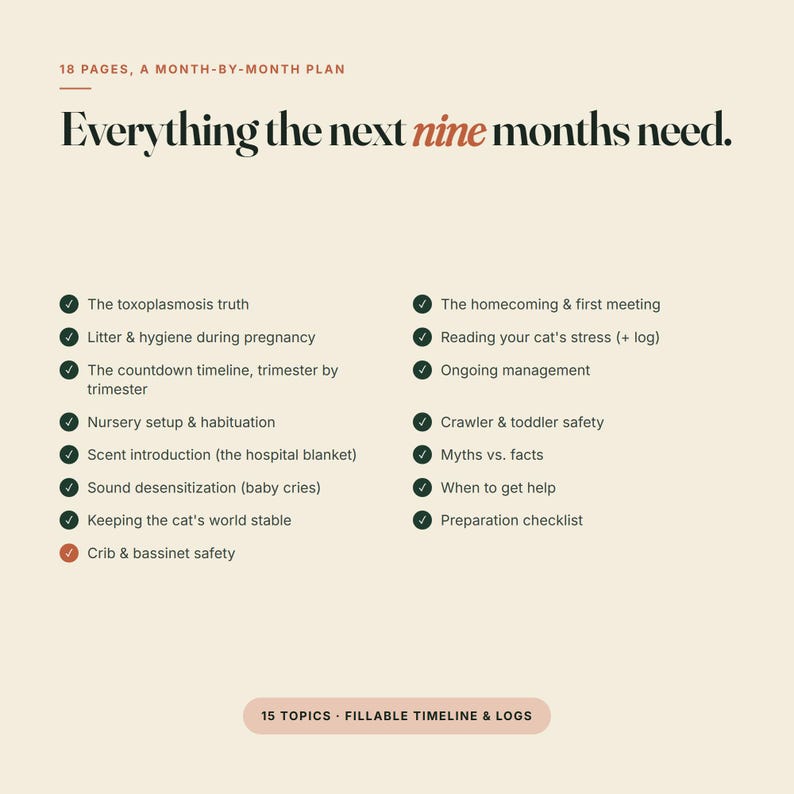 May include: An 18-page, month-by-month plan titled Everything the next nine months need. The document lists topics including toxoplasmosis, litter hygiene, nursery setup, scent introduction, sound desensitization, and safety, with 15 topics and logs.