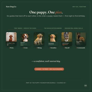 May include: A dark green informational graphic titled New Dog Co One puppy. One plan. featuring six numbered puppy training guides. The sequence covers topics from potty training to commands, totaling 141 pages across six guides for a puppy's first year.