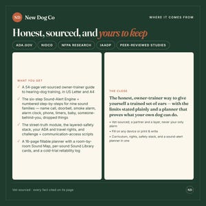 Pode incluir: Um gr&aacute;fico informativo verde-escuro intitulado Honest, sourced, and yours to keep da New Dog Co. Detalha um guia de treino de 54 p&aacute;ginas para c&atilde;es de assist&ecirc;ncia, um motor de alerta sonoro de seis passos e um planeador preench&iacute;vel de 16 p&aacute;ginas.
