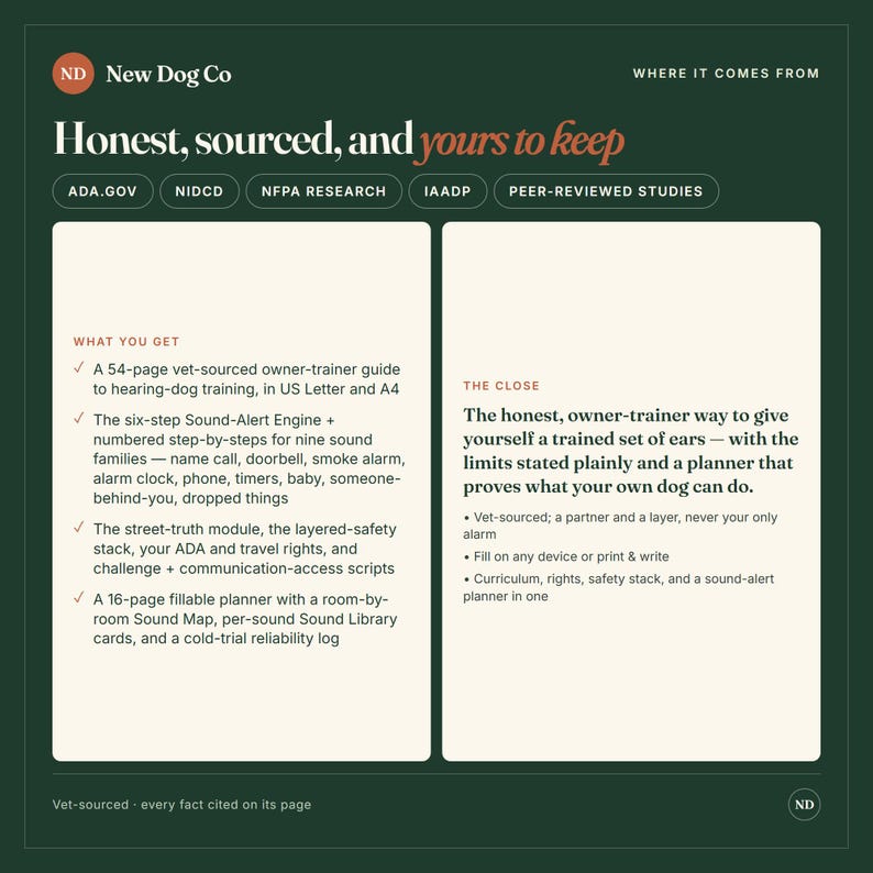 Pode incluir: Um gr&aacute;fico informativo verde-escuro intitulado Honest, sourced, and yours to keep da New Dog Co. Detalha um guia de treino de 54 p&aacute;ginas para c&atilde;es de assist&ecirc;ncia, um motor de alerta sonoro de seis passos e um planeador preench&iacute;vel de 16 p&aacute;ginas.