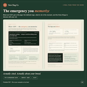 Pode incluir: Uma p&aacute;gina dupla de um guia para donos de c&atilde;es intitulada The emergency you memorize, apresentando informa&ccedil;&otilde;es detalhadas sobre incha&ccedil;o, GDV, displasia da anca e do cotovelo, incluindo texto, percentagens de dados e conselhos m&eacute;dicos.