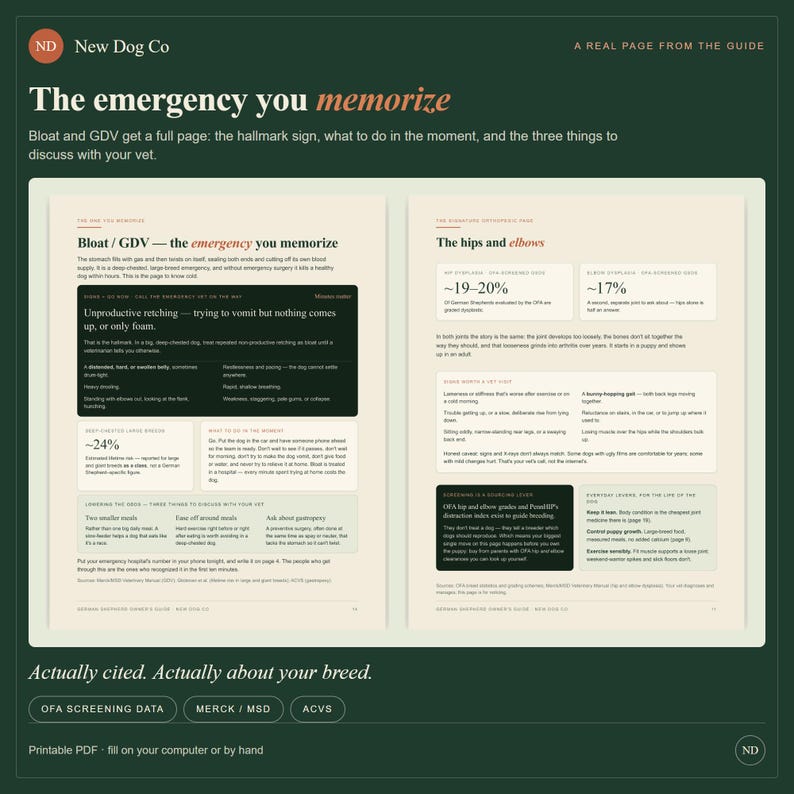 Pode incluir: Uma p&aacute;gina dupla de um guia para donos de c&atilde;es intitulada The emergency you memorize, apresentando informa&ccedil;&otilde;es detalhadas sobre incha&ccedil;o, GDV, displasia da anca e do cotovelo, incluindo texto, percentagens de dados e conselhos m&eacute;dicos.