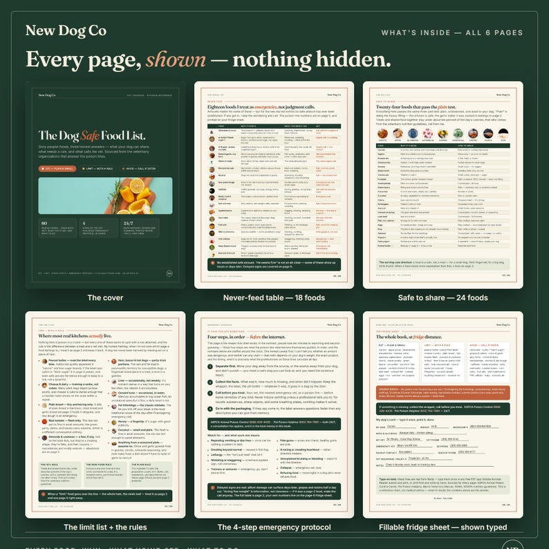 May include: A six-page digital guide titled The Dog Safe Food List by New Dog Co. The pages feature a cover, a table of eighteen foods to avoid, a list of twenty-four safe foods, a limit list with rules, a four-step emergency protocol, and a fillable sheet.