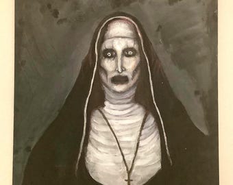 Original Valak Painting, The Nun Horror Art Canvas, Gothic Mixed Media Dark Decor 18" signed