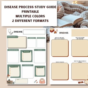 May include: Two printable disease process study guide sheets featuring sections for pathophysiology, signs and symptoms, risk factors, and treatment. The pages include text headers, blank boxes for notes, and small illustrations of medical items.