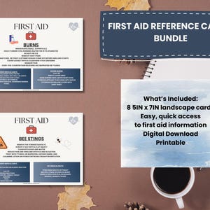 Puede incluir: Un conjunto de tarjetas de referencia de primeros auxilios blancas con texto e iconos para quemaduras y picaduras de abeja. Las tarjetas incluyen instrucciones de atención médica, midiendo 21,59 cm por 17,78 cm. El texto incluye 'FIRST AID', 'BURNS', 'BEE STINGS'.
