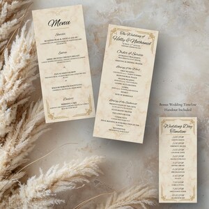 May include: Three rectangular wedding stationery cards with a beige marble pattern and gold geometric borders. The cards display black printed text for a menu, an order of service for Holly and Nathaniel, and a wedding day timeline schedule.