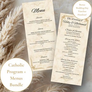 May include: A wedding menu and order of service program bundle printed on cream-colored paper with a subtle marble texture and gold geometric corner accents. The text details a multi-course meal and a Catholic wedding ceremony order of service.