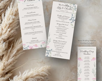 Catholic Wedding Program Template & Dinner Menu | Editable Ceremony Program Printable | Floral Garden Wedding Canva Bundle